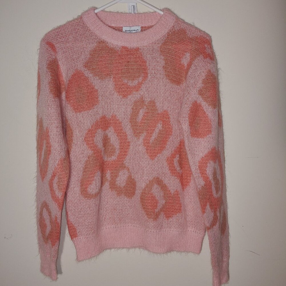Bianco & Blue Mohair Blend Long Sleeves Round Neck Sweater Sz L Pink Tan